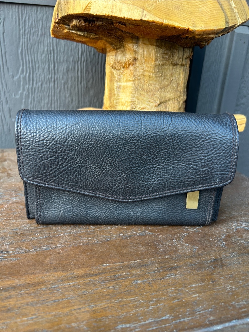 Vintage Black Faux Leather Envelope Wallet with Gold Accent